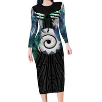 Aotearoa Korowai Motif Long Sleeve Bodycon Dress Maori Koru Poutama
