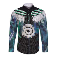 Aotearoa Korowai Motif Long Sleeve Button Shirt Maori Koru Poutama LT14 Unisex Turquoise - Polynesian Pride