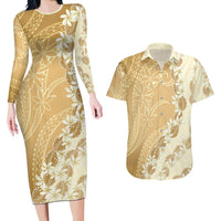 Heiva i Tahiti Couples Matching Long Sleeve Bodycon Dress and Hawaiian Shirt Tahitian Tiare Maori Cowrie Lei Brown