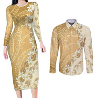 Heiva i Tahiti Couples Matching Long Sleeve Bodycon Dress and Long Sleeve Button Shirt Tahitian Tiare Maori Cowrie Lei Brown