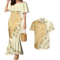 Heiva i Tahiti Couples Matching Mermaid Dress and Hawaiian Shirt Tahitian Tiare Maori Cowrie Lei Brown