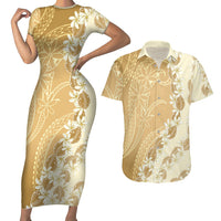 Heiva i Tahiti Couples Matching Short Sleeve Bodycon Dress and Hawaiian Shirt Tahitian Tiare Maori Cowrie Lei Brown