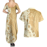 Heiva i Tahiti Couples Matching Summer Maxi Dress and Hawaiian Shirt Tahitian Tiare Maori Cowrie Lei Brown