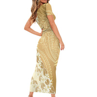 Heiva i Tahiti Family Matching Short Sleeve Bodycon Dress and Hawaiian Shirt Tahitian Tiare Maori Cowrie Lei Brown