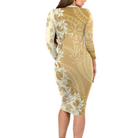 Heiva i Tahiti Long Sleeve Bodycon Dress Tahitian Tiare Maori Cowrie Lei Brown