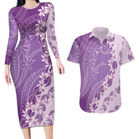 Heiva i Tahiti Couples Matching Long Sleeve Bodycon Dress and Hawaiian Shirt Tahitian Tiare Maori Cowrie Lei Purple