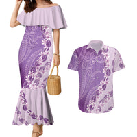 Heiva i Tahiti Couples Matching Mermaid Dress and Hawaiian Shirt Tahitian Tiare Maori Cowrie Lei Purple