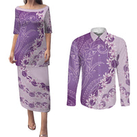 Heiva i Tahiti Couples Matching Puletasi and Long Sleeve Button Shirt Tahitian Tiare Maori Cowrie Lei Purple