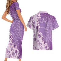 Heiva i Tahiti Couples Matching Short Sleeve Bodycon Dress and Hawaiian Shirt Tahitian Tiare Maori Cowrie Lei Purple