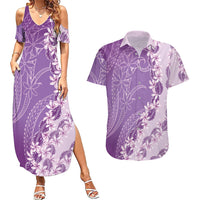 Heiva i Tahiti Couples Matching Summer Maxi Dress and Hawaiian Shirt Tahitian Tiare Maori Cowrie Lei Purple