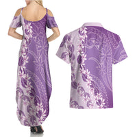 Heiva i Tahiti Couples Matching Summer Maxi Dress and Hawaiian Shirt Tahitian Tiare Maori Cowrie Lei Purple
