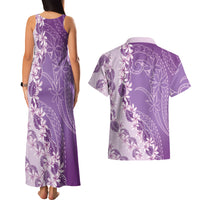 Heiva i Tahiti Couples Matching Tank Maxi Dress and Hawaiian Shirt Tahitian Tiare Maori Cowrie Lei Purple