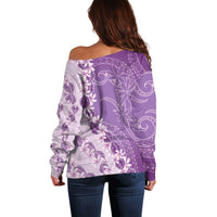 Heiva i Tahiti Off Shoulder Sweater Tahitian Tiare Maori Cowrie Lei Purple