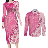 Heiva i Tahiti Couples Matching Long Sleeve Bodycon Dress and Long Sleeve Button Shirt Tahitian Tiare Maori Cowrie Lei Pink
