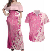 Heiva i Tahiti Couples Matching Off Shoulder Maxi Dress and Hawaiian Shirt Tahitian Tiare Maori Cowrie Lei Pink