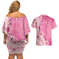 Heiva i Tahiti Couples Matching Off Shoulder Short Dress and Hawaiian Shirt Tahitian Tiare Maori Cowrie Lei Pink