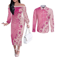 Heiva i Tahiti Couples Matching Off The Shoulder Long Sleeve Dress and Long Sleeve Button Shirt Tahitian Tiare Maori Cowrie Lei Pink