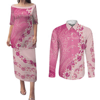 Heiva i Tahiti Couples Matching Puletasi and Long Sleeve Button Shirt Tahitian Tiare Maori Cowrie Lei Pink