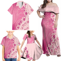 Heiva i Tahiti Family Matching Off Shoulder Maxi Dress and Hawaiian Shirt Tahitian Tiare Maori Cowrie Lei Pink