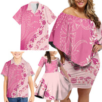 Heiva i Tahiti Family Matching Off Shoulder Short Dress and Hawaiian Shirt Tahitian Tiare Maori Cowrie Lei Pink