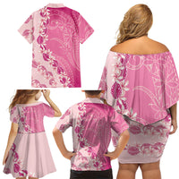 Heiva i Tahiti Family Matching Off Shoulder Short Dress and Hawaiian Shirt Tahitian Tiare Maori Cowrie Lei Pink