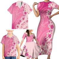 Heiva i Tahiti Family Matching Short Sleeve Bodycon Dress and Hawaiian Shirt Tahitian Tiare Maori Cowrie Lei Pink