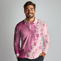 Heiva i Tahiti Long Sleeve Polo Shirt Tahitian Tiare Maori Cowrie Lei Pink