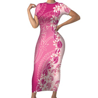 Heiva i Tahiti Short Sleeve Bodycon Dress Tahitian Tiare Maori Cowrie Lei Pink