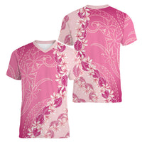 Heiva i Tahiti Women V-Neck T-Shirt Tahitian Tiare Maori Cowrie Lei Pink