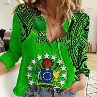 Personalised 25 July Rarotonga Island Gospel Day Women Casual Shirt Cook Islands Tribal Pattern LT14 Female Green - Polynesian Pride