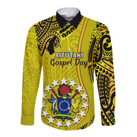 Personalised 27 October Aitutaki Island Gospel Day Long Sleeve Button Shirt Cook Islands Tribal Pattern LT14 Unisex Gold - Polynesian Pride