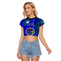 8 December Pukapuka Island Gospel Day Raglan Cropped T Shirt Cook Islands Tribal Pattern LT14 Female Blue - Polynesian Pride