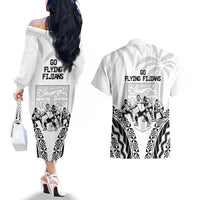 Fiji Tapa Rugby Couples Matching Off The Shoulder Long Sleeve Dress and Hawaiian Shirt Cibi Dance With Fijian Pattern