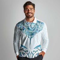New Zealand Manta Ray Tattoo Long Sleeve Polo Shirt Aotearoa Maori Haehae Paua Shell - Polynesian Pride