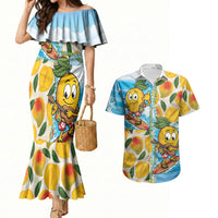 Aloha Hawaii Summer Couples Matching Mermaid Dress and Hawaiian Shirt Hawaiian Lei Surfing Mango Palaka Motifs