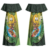 Hawaii Surfing Mango Couples Matching Off Shoulder Maxi Dress and Hawaiian Shirt Manako Polynesian Fish Hook