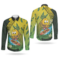 Hawaii Surfing Mango Couples Matching Off Shoulder Short Dress and Long Sleeve Button Shirt Manako Polynesian Fish Hook