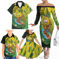 Hawaii Surfing Mango Family Matching Off The Shoulder Long Sleeve Dress and Hawaiian Shirt Manako Polynesian Fish Hook