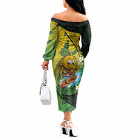 Hawaii Surfing Mango Off The Shoulder Long Sleeve Dress Manako Polynesian Fish Hook