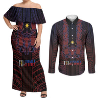 Filipino Barong Tagalog Inspired Personalised Couples Matching Off Shoulder Maxi Dress and Long Sleeve Button Shirt Mabuhay Philippines Festival Polynesian Pattern LT14 Black - Polynesian Pride