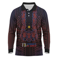 Filipino Barong Tagalog Inspired Personalised Long Sleeve Polo Shirt Mabuhay Philippines Festival Polynesian Pattern LT14 Black - Polynesian Pride