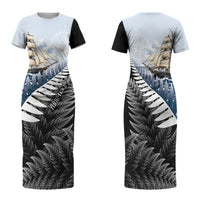 Personalised New Zealand Pakeha Family Matching Short Sleeve Bodycon Dress and Hawaiian Shirt Kiwi Silver Fern and Sailing Ship Compass LT14 Mom's Dress Blue - Polynesian Pride