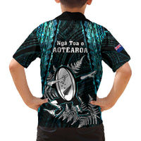 New Zealand Silver Fern Rugby Family Matching Off Shoulder Short Dress and Hawaiian Shirt Aotearoa All Black Dabbing Ball With Maori Paua Shell LT14 - Polynesian Pride