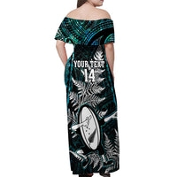Custom New Zealand Silver Fern Rugby Off Shoulder Maxi Dress Aotearoa All Black Dabbing Ball With Maori Paua Shell LT14 - Polynesian Pride