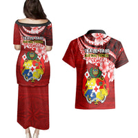 Tonga Rugby Couples Matching Puletasi Dress and Hawaiian Shirt Ikale Tahi Tongan Ngatu Pattern With Dabbing Ball LT14 - Polynesian Pride