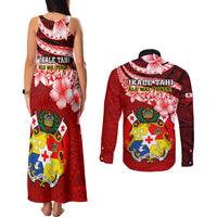 Tonga Rugby Couples Matching Tank Maxi Dress and Long Sleeve Button Shirts Ikale Tahi Tongan Ngatu Pattern With Dabbing Ball LT14 - Polynesian Pride
