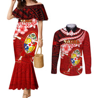 Custom Tonga Rugby Couples Matching Mermaid Dress and Long Sleeve Button Shirts Ikale Tahi Tongan Ngatu Pattern With Dabbing Ball LT14 Red - Polynesian Pride