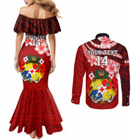 Custom Tonga Rugby Couples Matching Mermaid Dress and Long Sleeve Button Shirts Ikale Tahi Tongan Ngatu Pattern With Dabbing Ball LT14 - Polynesian Pride