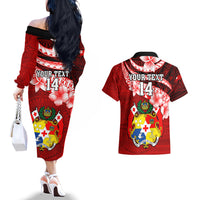 Custom Tonga Rugby Couples Matching Off The Shoulder Long Sleeve Dress and Hawaiian Shirt Ikale Tahi Tongan Ngatu Pattern With Dabbing Ball LT14 - Polynesian Pride