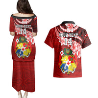 Custom Tonga Rugby Couples Matching Puletasi Dress and Hawaiian Shirt Ikale Tahi Tongan Ngatu Pattern With Dabbing Ball LT14 - Polynesian Pride